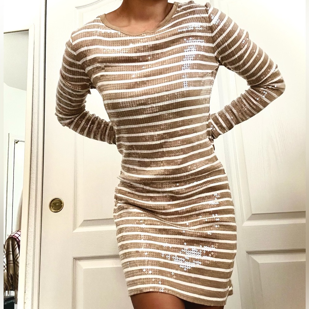 Tan, with sequins, long sleeve dress, size - medium